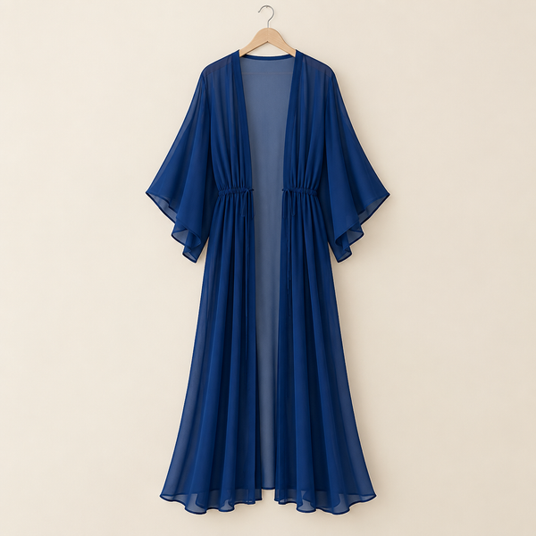 Navy chiffon maxi kimono on a hanger, front view