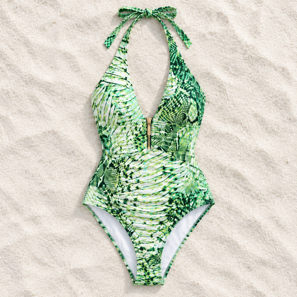 Emerald halter zip-front one-piece, flat lay front view