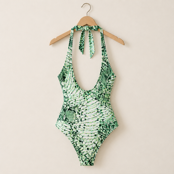 Emerald halter zip-front one-piece on a hanger, back view