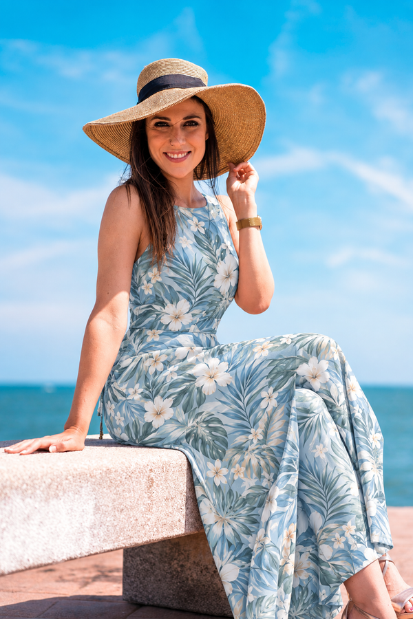 Tropical print maxi dress in Mist Blue