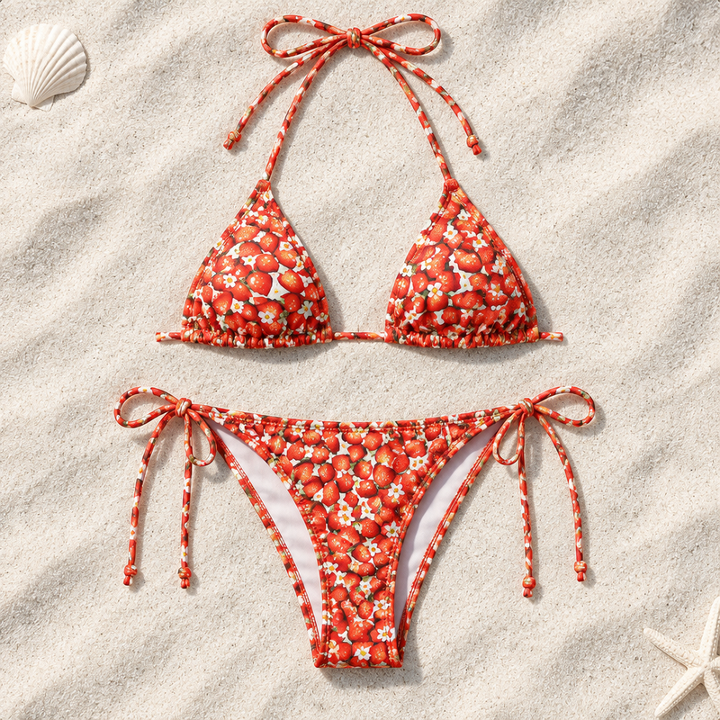 Strawberry print tie-side bikini set, flat lay