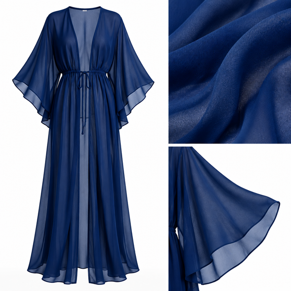 Close-up of navy sheer chiffon fabric and sleeve