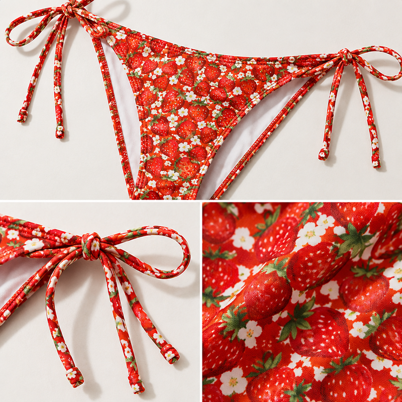 Close-up of strawberry print bikini side ties