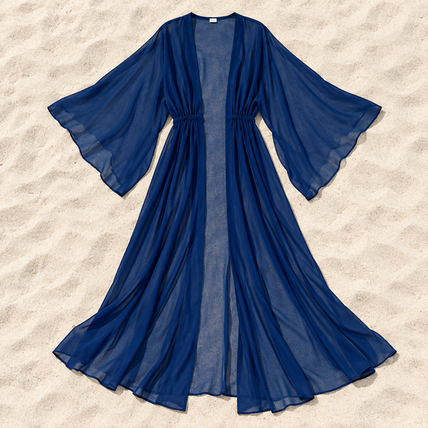 Navy chiffon maxi kimono laid flat on sand