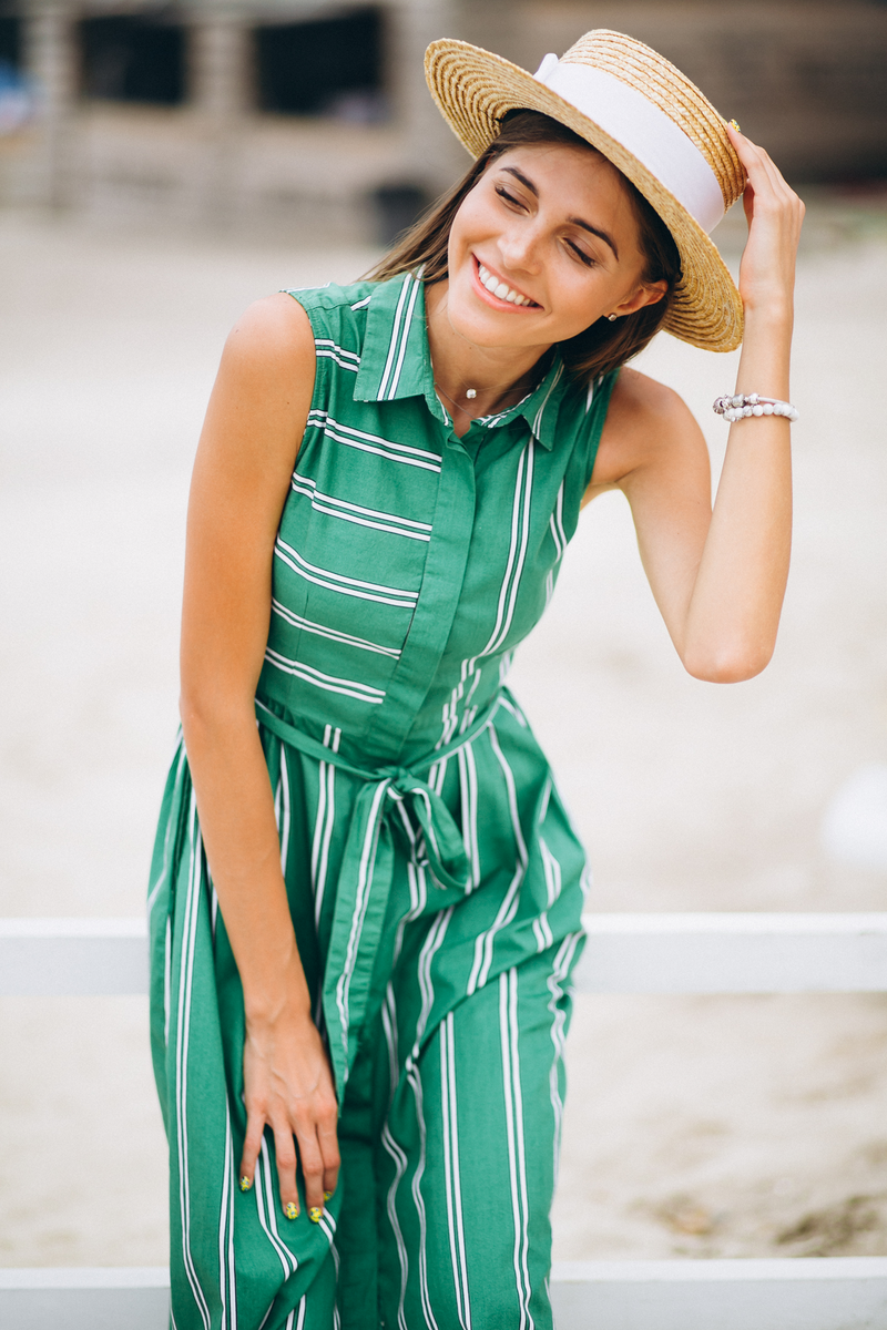 Close-up of the green striped shirt dress collar and tie waist